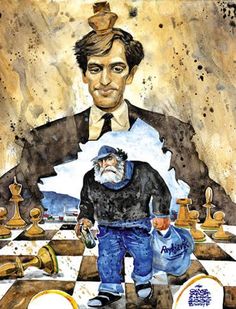 a painting of a man standing next to a giant chess board