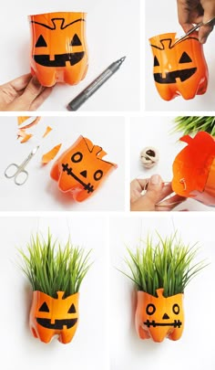 the instructions for making a pumpkin planter with fake grass and scissors are shown here