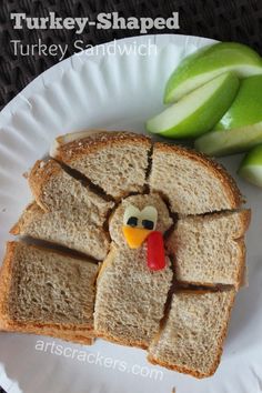 a turkey sandwich cut into slices on a white plate with sliced apples in the background