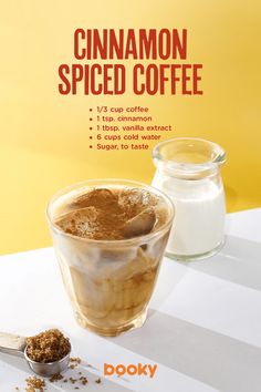 an advertisement for cinnamon spiced coffee on a table