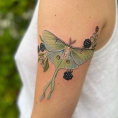 a woman with a tattoo on her arm has a moth and blackberries on it