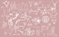 a drawing of various farm animals and people on pink paper with the words western written in white