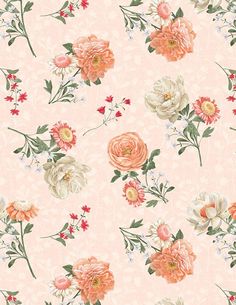 a floral wallpaper with pink and white flowers on a light peach background, in full bloom