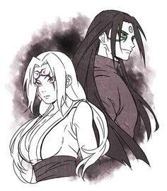 two anime characters with long hair and green eyes, one in black and the other in white