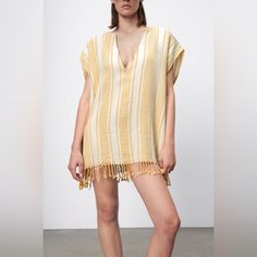 New! Zara Rustic Fringed Kaftan. 100% Cotton. M-L Size. 127 Womens Swim, Yellow White, Cover Up, Color White, Zara, Yellow, Women Shopping, White, Color