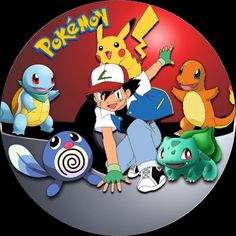 a group of pokemon characters sitting together in front of a red background with the words pokemon on it