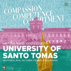 a poster for the university of sano tomass, featuring a statue in front of a building