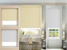 the interior of a living room with furniture and window blinds in shades on the windowsills