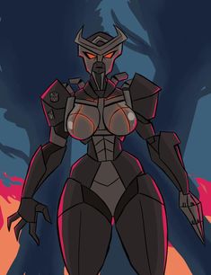 an animated character with red eyes and black armor