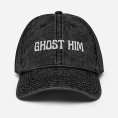 Make a bold statement with this cheeky "Ghost Him" embroidered hat! Whether you're embracing some sassy relationship humor or adding a playful touch to your fall wardrobe, this hat is perfect for expressing your "no time for games" attitude. It's a must-have for anyone who's been there, done that, and left them on read! Everybody knows that dad caps are no longer just for dads, so get an embroidered cotton twill cap for yourself! This one's really special thanks to the intricate embroidery detai Funny Letter Print Baseball Cap For Streetwear, Halloween Cotton Cap, Cotton Halloween Cap, Halloween Cotton Hat, Adjustable Cotton Hat For Halloween, Adjustable Cotton Halloween Hat, Fitted Cotton Hat With Letter Print, Breakup Humor, Relationship Humor