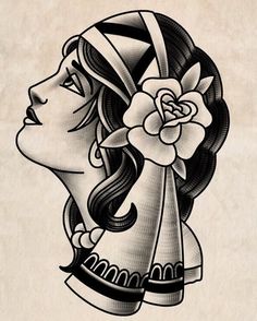 a drawing of a woman's face with a flower in her hair and an old - fashioned hairstyle