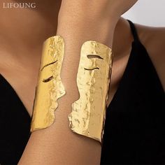 Solid Gold Hair Cuff Bangle for Locs, Sisterlocks Gender: Women Metals Type: Iron alloy Bracelets Type: Hair Cuff Bracelet Fine or Fashion: Fashion Style: Punk Material: Metal Shape\pattern: Face Iron Jewelry, Open Bangle Bracelet, Hair Cuffs, Open Bangle, Gold Bracelets, Gold Cuffs, Bangle Designs, Hand Jewelry, Face Design