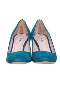 Step out in style with Miu Miu's teal suede pumps, perfect for adding a pop of color to any outfit. The 3-inch heel height makes it ideal for both wedding events and a sophisticated office look. Pair with a neutral-colored outfit or dress in a monochromatic look in shades of teal or blue. Size 7 (37 IT) Heel height 3” Leather sole Leather lining Soft suede Slip-on Miu Miu Block Heel Formal Heels, Miu Miu Block Heels For Formal Occasions, Elegant Miu Miu Low Heels, Miu Miu Elegant Low Heels, Elegant Miu Miu Low Heel Heels, Elegant Low Heel Miu Miu Heels, Elegant Miu Miu Block Heels, Elegant Miu Miu Block Heel Heels, Miu Miu Elegant Block Heel Heels