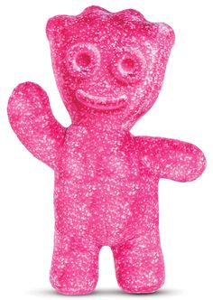 a pink teddy bear with big eyes and a smile on it's face is shown