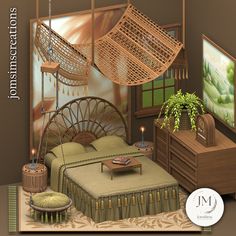 an image of a bedroom setting with wicker furniture