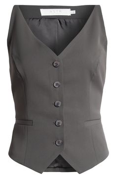 Add a crisp, classic element to your wardrobe with this button-front vest in a tailored silhouette that's perfect for wearing solo or layering. Front button closure V-neck Front welt pockets Lined 100% polyester Dry clean Imported Tailored Button-up Vest For Workwear, Notch Lapel Vest With Buttons For Business Casual, Business Casual Vest With Notch Lapel And Buttons, Tailored Vest With Button Closure For Workwear, Notch Lapel Vest With Button Closure For Office, Office Vest With Notch Lapel And Button Closure, Fitted V-neck Vest With Button Closure, Tailored Buttoned Vest For Workwear, Tailored Workwear Vest With Buttons