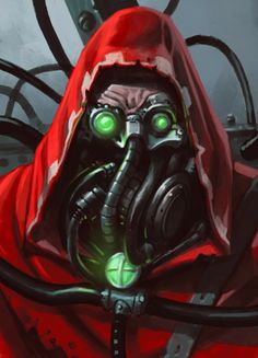 a man in a gas mask with green eyes wearing a red hood and holding a black object