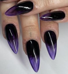 Gothic Jelly Nails, Red And Purple Ombre Nails, Dark Purple Goth Nails, Purple And Black Goth Nails, Dark Magenta Nails Design, Purple And Black Almond Nails, Dark Purple Jelly Nails, Gothic Nails Purple, Black And Magenta Nails