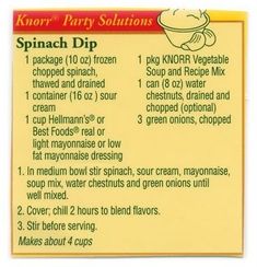 the ingredients for spinach dip are shown in this card board game, which includes instructions on how to make it