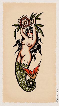 a drawing of a mermaid holding a flower on her head with leaves around her neck