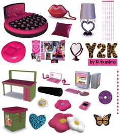 the contents of a doll's bedroom are shown in pink, green and purple