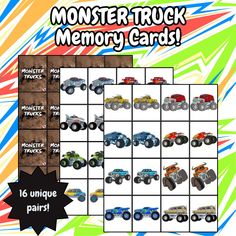 monster truck memory cards for kids to practice counting and matching the number of trucks in each card