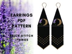 the earrings are made out of black seed beads and have purple flowers on each side