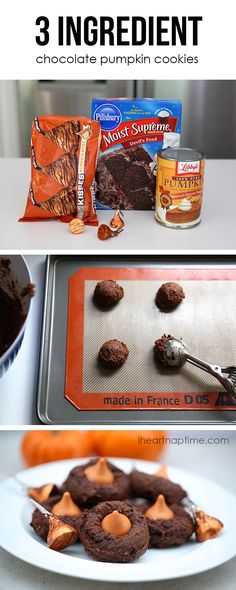 three different pictures showing how to make chocolate brownies with 3 ingredients in the background