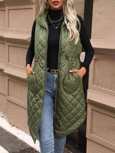 Army Green Casual Collar Sleeveless Fabric Plain Quilted,vest Embellished Non-Stretch  Women Clothing Green Vest Outfit, Winter Fasion, Zipper Vest, Green Vest, Womens Jackets, Wardrobe Ideas, Quilted Coat, Quilted Vest, Vest Outfits