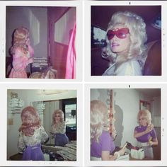 four pictures of women in wigs and sunglasses