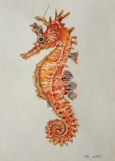 a watercolor painting of a seahorse with orange and white stripes on it's body