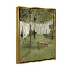 an oil painting of clothes hanging out to dry on a line in the woods,