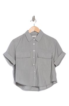 March to a utilitarian beat in this button-up shirt cut from a sustainable blend and plenty of pockets for all your daily essentials. Front button closure Spread collar Short sleeves Chest flap patch pockets 84% Lenzing™ EcoVero™ viscose, 16% polyamide Lenzing EcoVero viscose is a more-sustainably produced fiber made using pulp made from renewable wood sources Machine wash, line dry Imported Womens Button Up Shirt, Cropped Button Up Shirt, Collared Shirt, Daily Essentials, Cut Shirts, Narnia, Button Up Shirt, Collar Shirts, Shirt Outfit