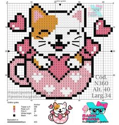 a cross stitch pattern with an image of a cat in a pink dress on it