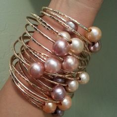 Twelve 14k Rose Gold Bangles with Fresh Water Pearls $475 Elegant Hammered Rose Gold Bracelets, Hammered Rose Gold Bangle, Best Friends Holiday, Rose Gold Bangles, Friends Holiday, Hammered Bangles, Rose Gold Bangle, Yellow Gold Bangle, Bangles Making