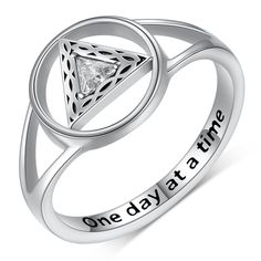 PRICES MAY VARY. 💍Design: The triangle represents unity, recovery and service, the Celtic knot represents endless life and love, wear this AA ring can remind you stay sober and start a new life. With word engraved "One day at a time". Means to focus on victory one day at a time. It's the best sobriety gift for women, friend and yourself. 💙Material: The alcoholics anonymous ring made of real S925 sterling silver and white zircon, looks simple and stylish. Nickel free, lead free, hypoallergenic, Triangle Shaped Sterling Silver Jewelry For Anniversary, Sterling Silver Triangle Rings For Gifts, Sterling Silver Triangle Rings As Gift, Silver Triangle Rings For Gifts, Silver Triangle Rings For Gift, Surprises For Her, One Day At A Time, Jewelry Images, Celtic Knot