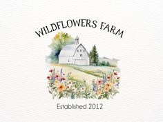 the logo for wildflowers farm is shown in watercolor and ink on paper