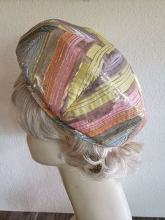 Darling Vintage Hat by Coralie Pastel Striped Metallic Cap Mod 60's Hat - Etsy Retro Fitted Hats For Spring, Retro Fitted Hat For Spring, Vintage Multicolor Hat With Curved Brim, Vintage Multicolor Hats, One Size Fits Most, Vintage Multicolor Hat, One Size Fits Most, Retro Fitted Hat For Church, Vintage Multicolor Hat, Retro Fitted Church Hats, Retro Spring Hats For Church