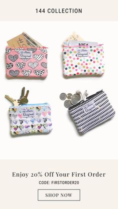 four purses with hearts on them and the text, enter 20 % off your first order