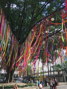 many streamers are hanging from the trees in front of people walking down the street