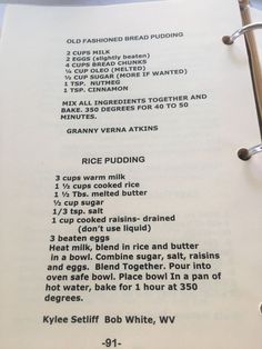 the recipe for rice pudding is shown in an open book