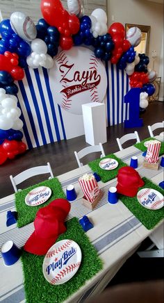 a baseball themed party with red, white and blue decorations