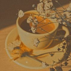 a cup of tea with dried flowers in it