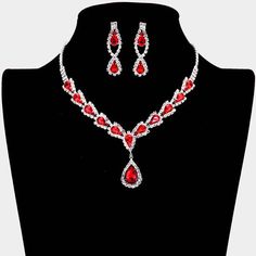 Teardrop Red Stone Accented Rhinestone Silver Necklace Set Red Sapphire, Silver Necklace Set, Prom Jewelry, Free Bracelet, Blue Zircon, Red Stone, Rhinestone Necklace, Necklace Sizes, Necklace Earring Set