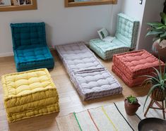 four different colored mattresses sitting on the floor next to a potted plant in a living room