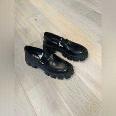 Bought At Prada New With Tags Same Day Shipping Designer Black Platform Loafers For Work, Platform Prada Loafers, Prada Monolith Loafers, Prada Chunky Loafers, Luxury Black Platform Loafers, Luxury Black Patent Leather Platform Loafers, Brown Prada Loafers, Prada Formal Shoes Men, Prada Shoes