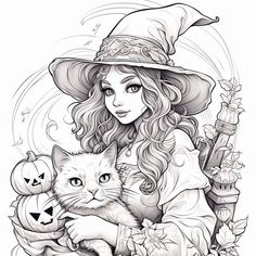 a woman in a witches hat holding a cat and pumpkin with her hand on her chest