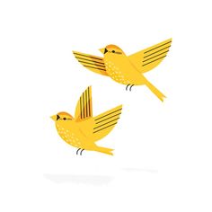 two yellow birds flying side by side