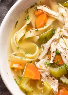 a bowl of chicken noodle soup with carrots and celery