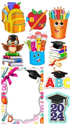 the back to school clipart is shown with books, pencils and an owl